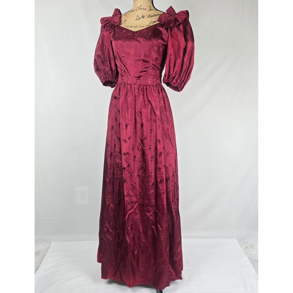 Dresses & Skirts - Vintage 80s Burgundy Floral Satin Jacquard Gown ILGWU Union Made Prom Dress 7-8